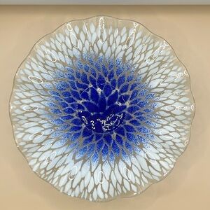 Sydenstricker White/Blue Ruffle Edged Fused Glass‎ Bowl Signed Handmade …
